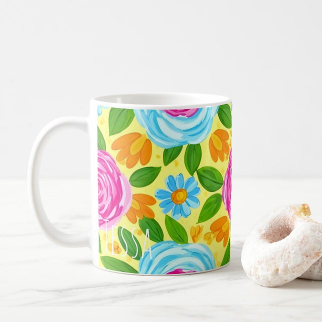 Livfulla akvarellblommor i rosa och blått kaffemugg (Med munk)