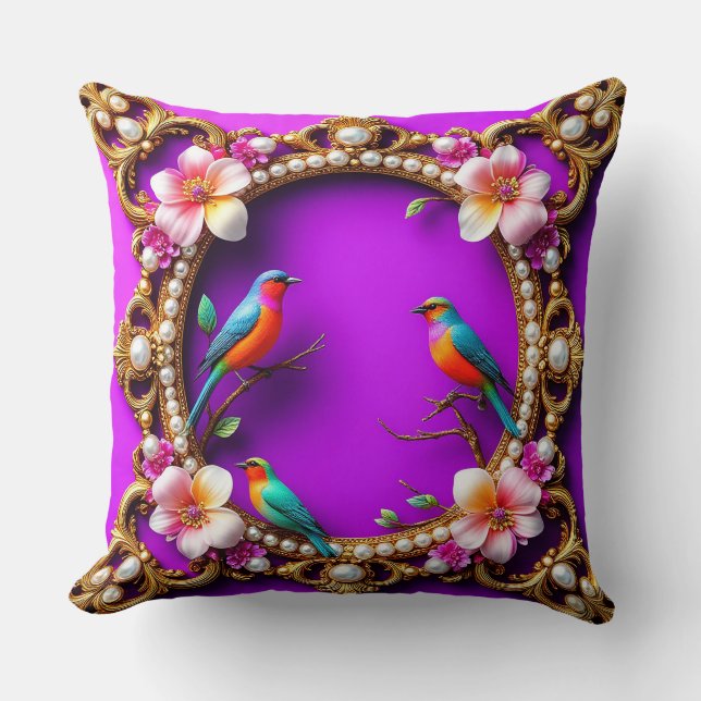 🦜 Livfulla Fåglar Lila Blommor Natur Konst 🦜 Kudde (Framsida)