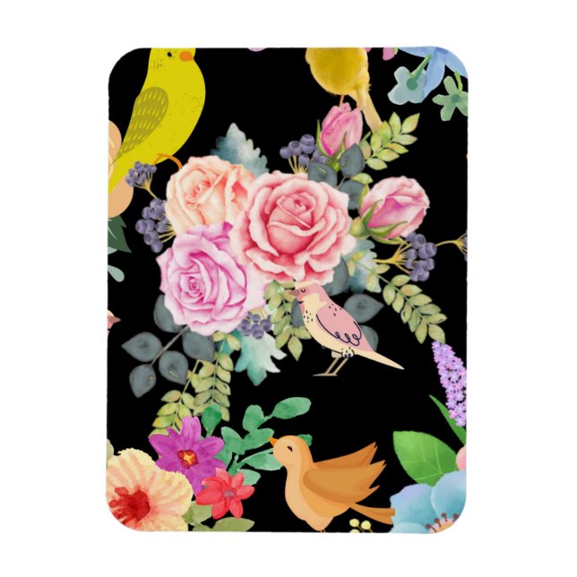 Livfulla Färgrika Fåglar och Blommor Konst på Svar Magnet (Vertikal)