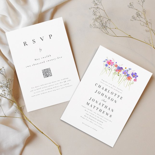 Livfulla Färgrika Vilda Blommor Bröllop QR-kod Inbjudningar (Vibrant colorful wildflower floral qr code wedding invitation elegant modern script watercolor )