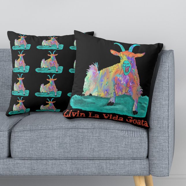 Livin La Vida Goata Funny Screaming Goat Design Kudde (Livin la Vida goata screaming goat colorful animal art pillow)