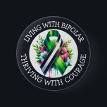 Living with Bipolar | Thriving with Courage Knapp<br><div class="desc">Buttons to help spread awareness for Bipolar Disorder with a black,  white and green striped awareness ribbon with an inspirational quote.</div>
