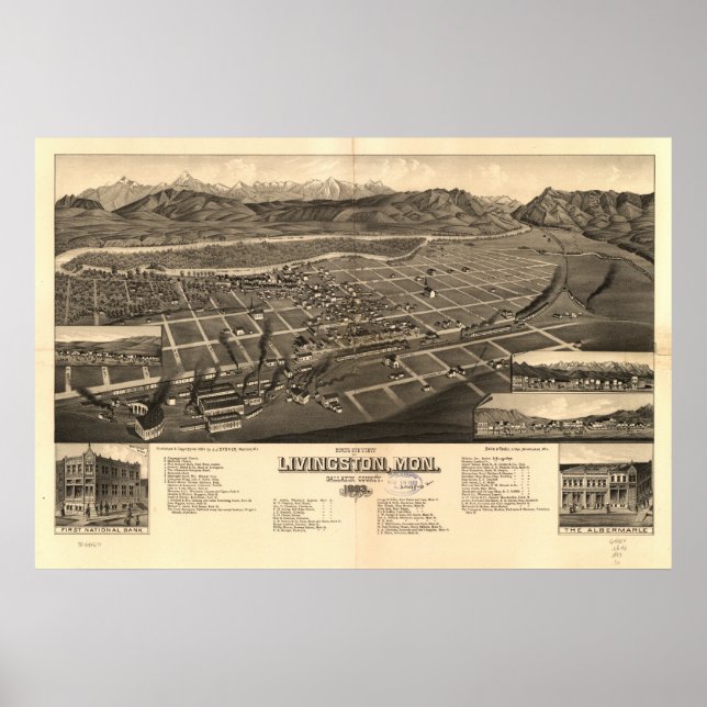 Livingston Montana 1883 Antique Panoramic Karta Poster (Framsidan)