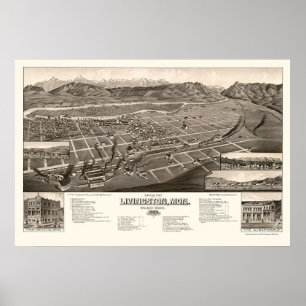 Livingston, MT Panoramic Karta - 1884 Poster