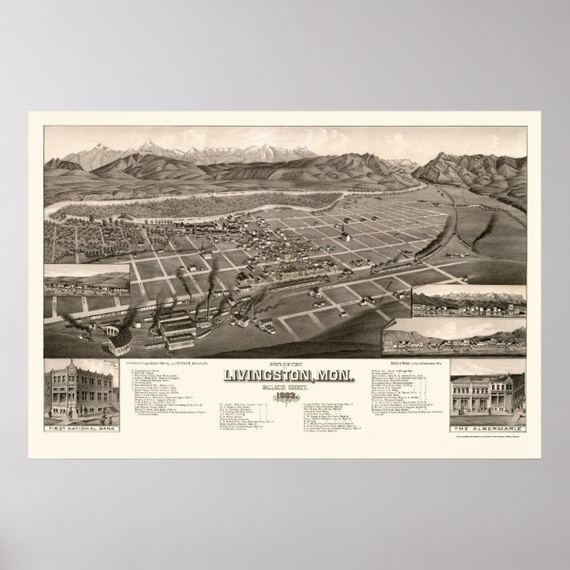 Livingston, MT Panoramic Karta - 1884 Poster (Framsidan)