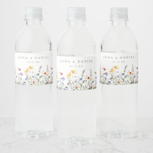 Livlig akvarell vildblomma bröllop vattenflaskor etikett (Flaskor)