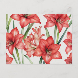 Livlig Amaryllis Vattenfärg Mönster i Rött Vykort