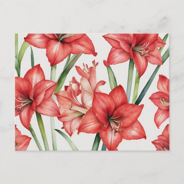 Livlig Amaryllis Vattenfärg Mönster i Rött Vykort (Framsida)
