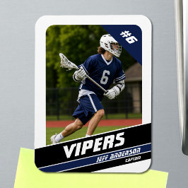 Livlig bild på blå-vit lacrosse-spelare magnet