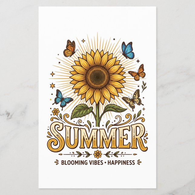 Livlig blommande sommarsolsikke med fjärilar flygblad (Framsidan)