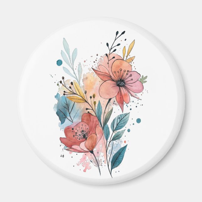 Livlig Blommig Akvarelldesign Magnet (Framsidan)