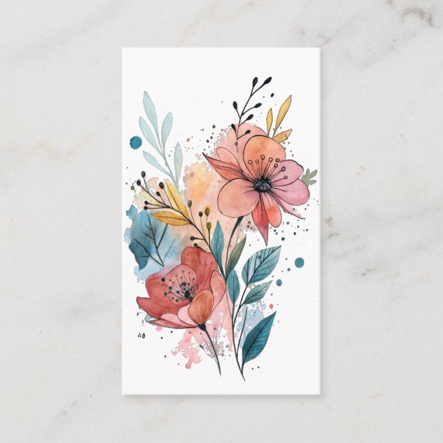 Livlig Blommig Akvarelldesign Visitkort (Framsida)