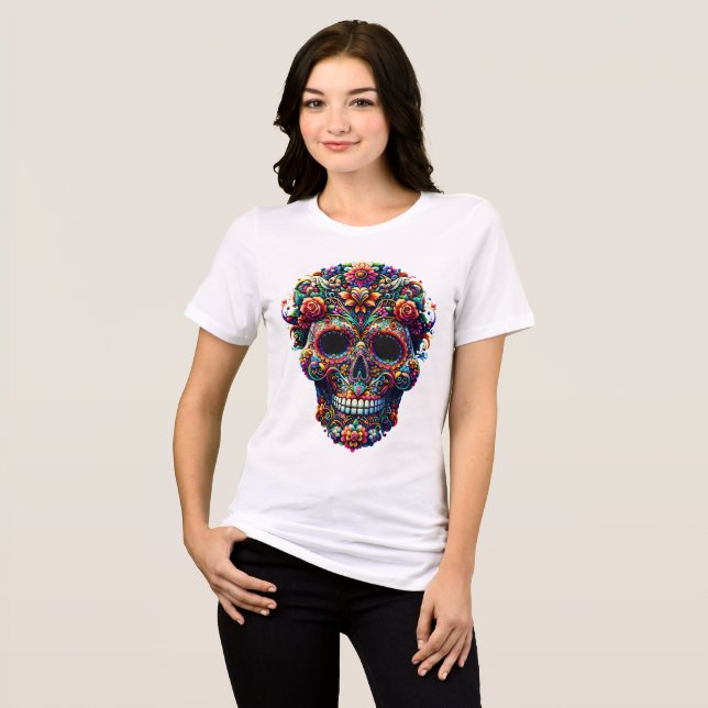 Livlig Blommig Socker Skalle T Shirt (Framsida Full)