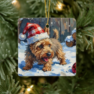Livlig Cairn Terrier Hund som Gräver efter Juldeko Julgransprydnad Keramik