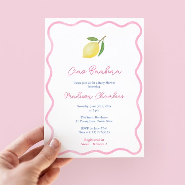 Livlig Ciao Bambina Rosa Citrus Flicka Babykalas Inbjudningar (Ciao Bambina! Modern Wavy Border Citrus Lemon Baby Shower Invitation with pink accents. )