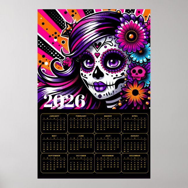 Livlig Día de los Muertos Socker Skalle Konst  Poster (Framsidan)