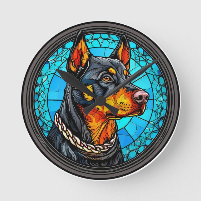 Livlig Dobermann Hund Djärv Djurkonst Modern Rund Klocka (Framsida)