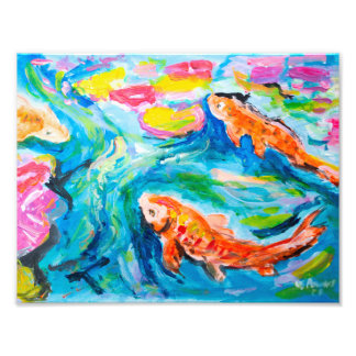 Livlig expressionist målning av Koi-fiskdamm Fototryck