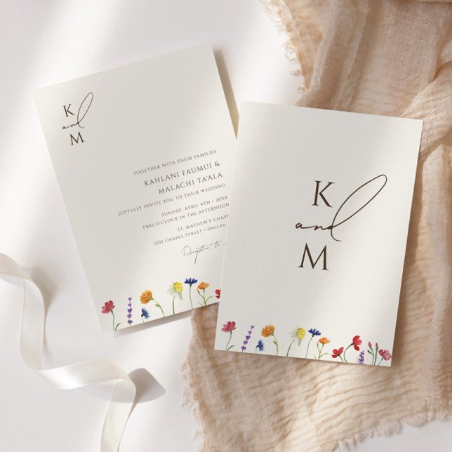 Livlig Färgrik Monogram Vildblomma Blommande Bröll Inbjudningar (Skapare uppladdad)