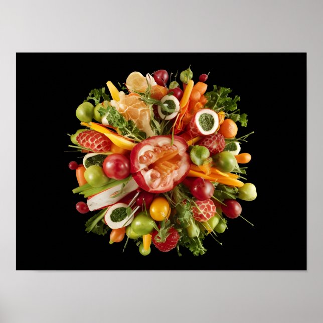 Livlig färskt matutbrott på svart bakgrund poster (Framsidan)