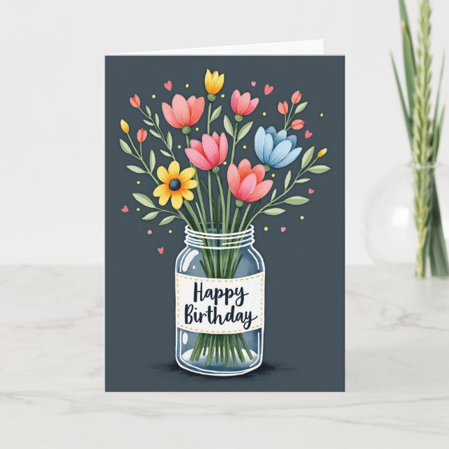 Livlig födelsedagskort med blomsterbukett kort (Framsida)