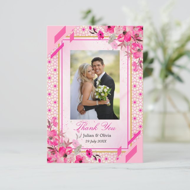 Livlig Fuchsia Rosa Blommig Bröllops Tacksamhetsko Tack Kort (Stående Fram)