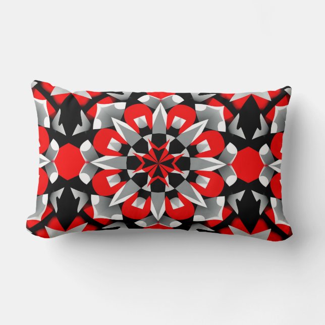 Livlig geometrisk mandala-design med röd, svart lumbarkudde (Framsida)