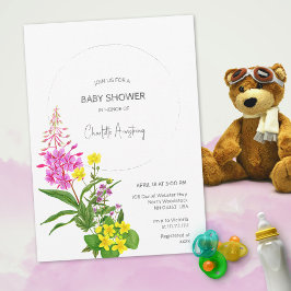 Livlig Gul Rosa Vildblomma Handskriven Babykalas Inbjudningar