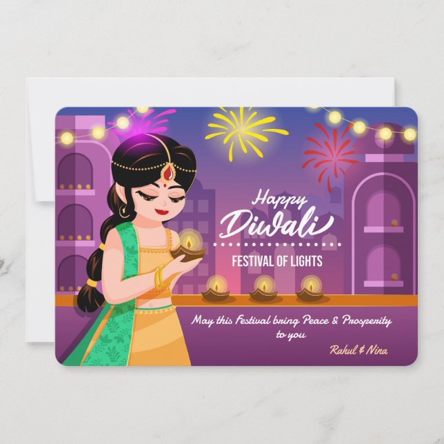 Livlig indisk flicka Glad Diwali ljusfestival Julkort (Framsida)