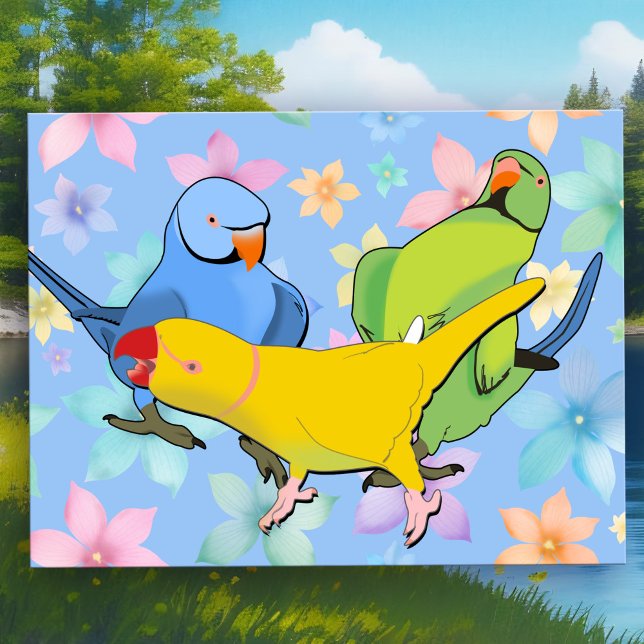 Livlig indisk ringhalsad parakit, lekfulla sällska vykort (Vibrant Indian Ringneck Parakeet Postcard - Playful Pop Art Birds in Green, Blue & Yellow )