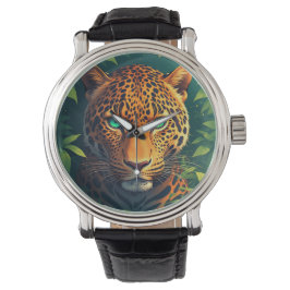 Livlig leopardporträtt med smaragdgröna ögon armbandsur