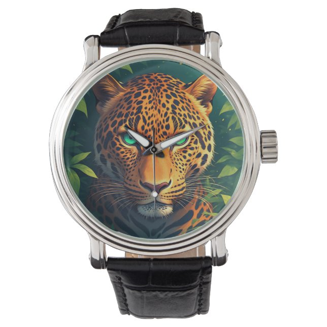 Livlig leopardporträtt med smaragdgröna ögon armbandsur (Framsida)