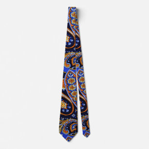Livlig marinblå och orange bohemisk paisley-mönste slips