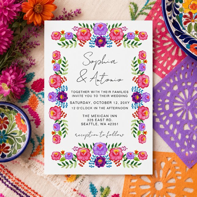Livlig mexikansk blomsterfirande bröllopsfest inbjudningar (Vibrant Mexican Floral Fiesta Wedding Invitation)
