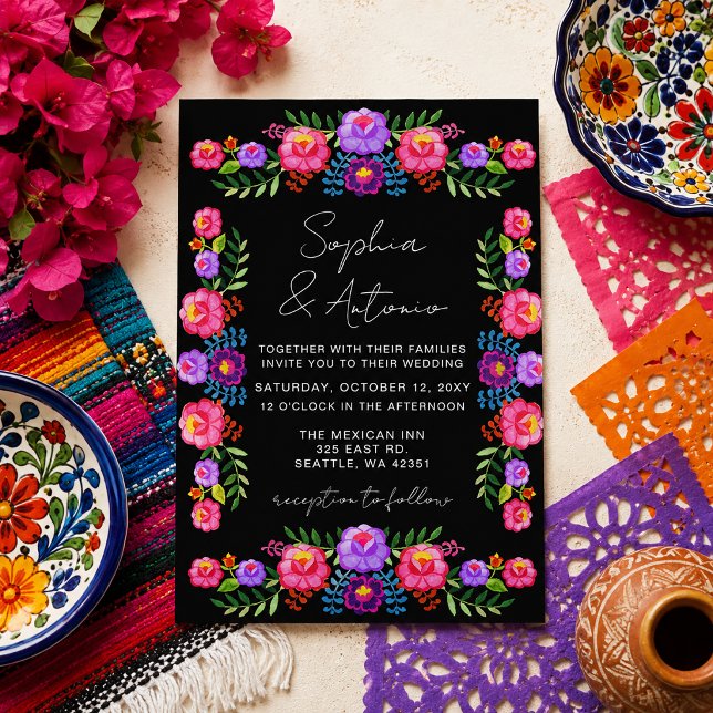 Livlig mexikansk blomsterfirande bröllopsfest inbjudningar (Vibrant Mexican Floral Fiesta Wedding Invitation)