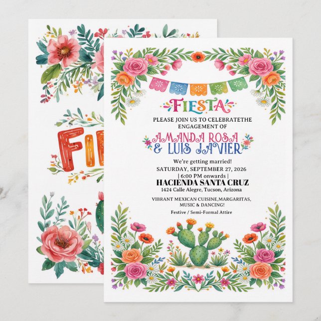Livlig mexikansk fiesta-inbjudan för förlovning inbjudningar (Fram/baksida)