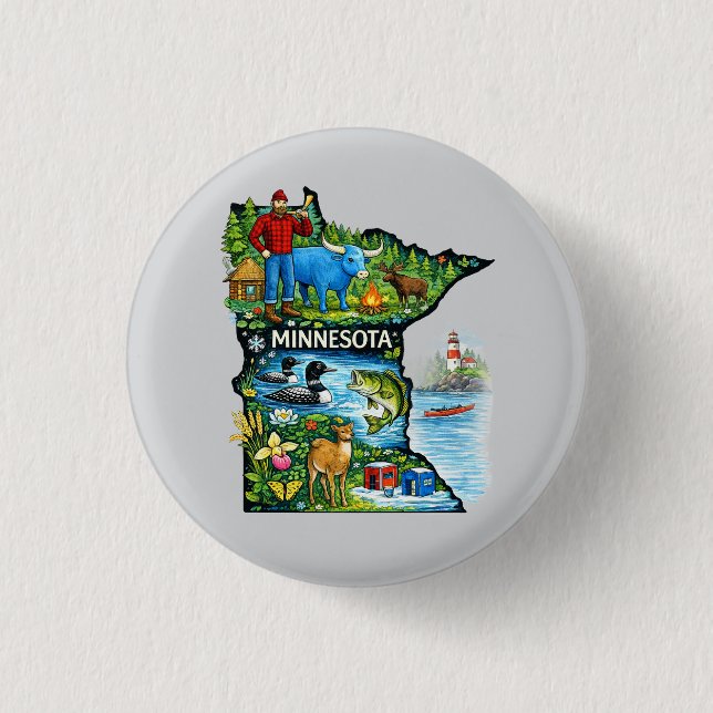 Livlig Minnesota Statskarta - Paul Bunyan/Northwoo Knapp (Framsida)