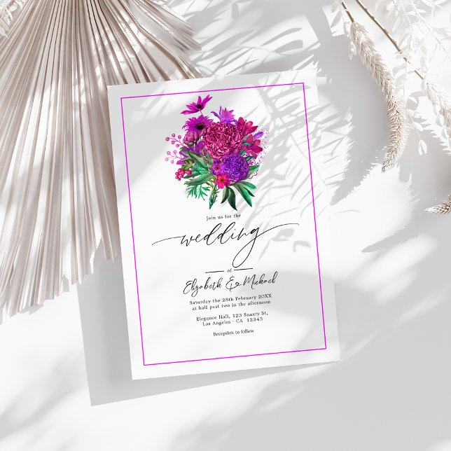 Livlig Modern Fuchsia Bröllopsfoto QR-kod Inbjudningar (Vibrant Fuchsia Modern Wedding Photo QR Code Invitation)