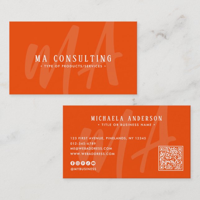 Livlig Modern Monogram QR-kod & Sociala Medier Visitkort (Fram/baksida)