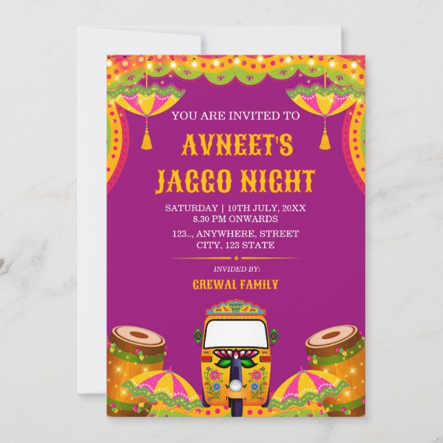 Livlig Punjabi Jaggo Nattfirande Inbjudan (Framsida)