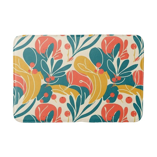 Livlig Retro Botanisk Blomma Turkos och Orange Badrumsmatta (Framsidan)