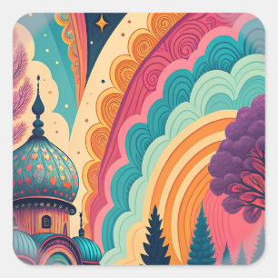 Livlig Retro Drömlandscape Klistermärke – Anpassni