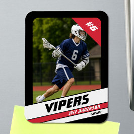 Livlig röd svart lacrosse-spelare fotomagnet magnet