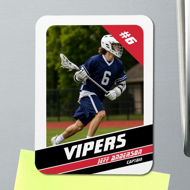 Livlig röd vit lacrosse-spelare foto  magnet (Celebrate your lacrosse star with a custom red & white photo magnet.)