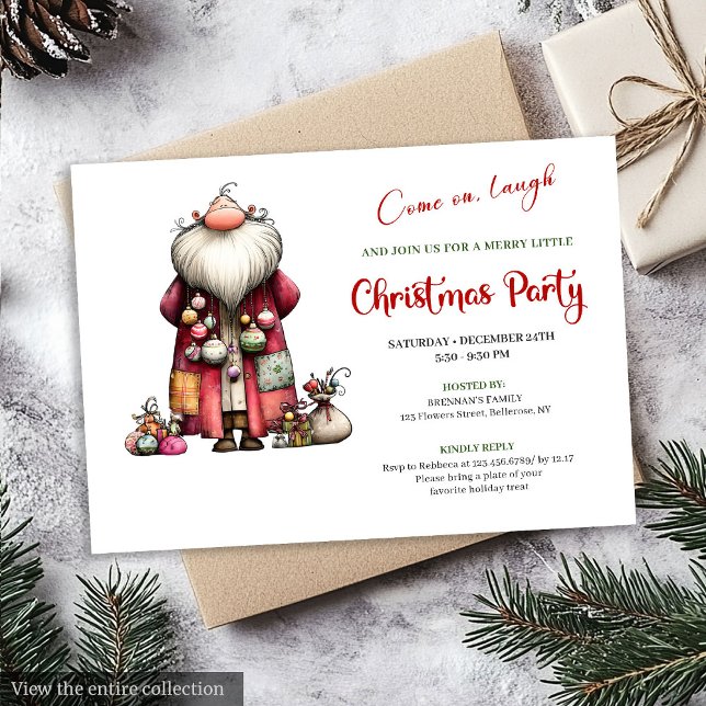 Livlig Rolig Tomte Minimalistisk Akvarell Inbjudan (Lively Funny Santa Minimalist Watercolor Invitation)