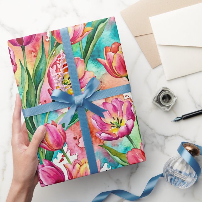 Livlig rosa tulpan akrylfärg omslagspapper presentpapper (Gifting)