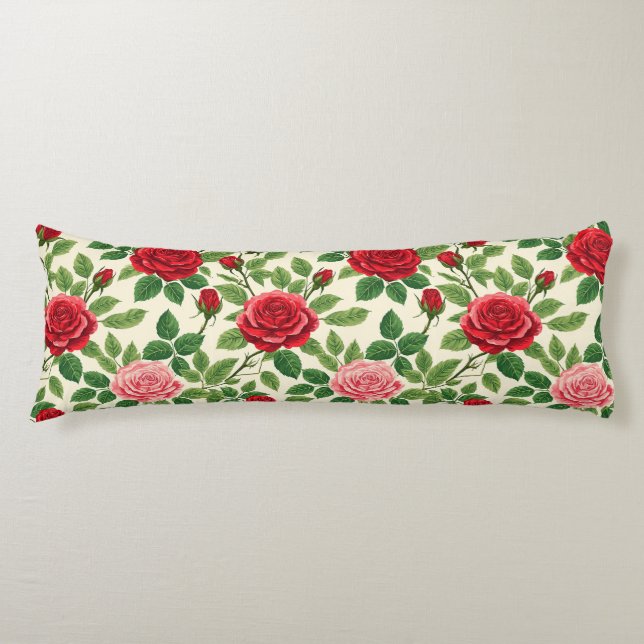 Livlig rosig mönster med röda och rosa rosor kroppskudde (Framsidan)