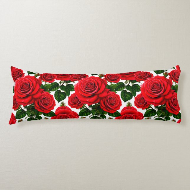 Livlig rosmönster med röda och rosa rosor kroppskudde (Framsidan)