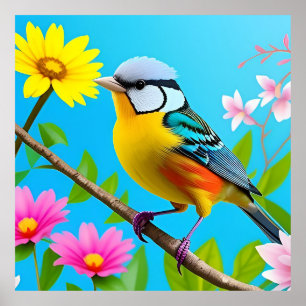 Livlig sångfågel sittande på en blommande gren poster