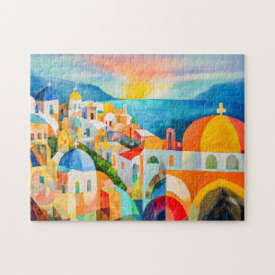 Livlig Santorini med färgglada kupoler Pussel